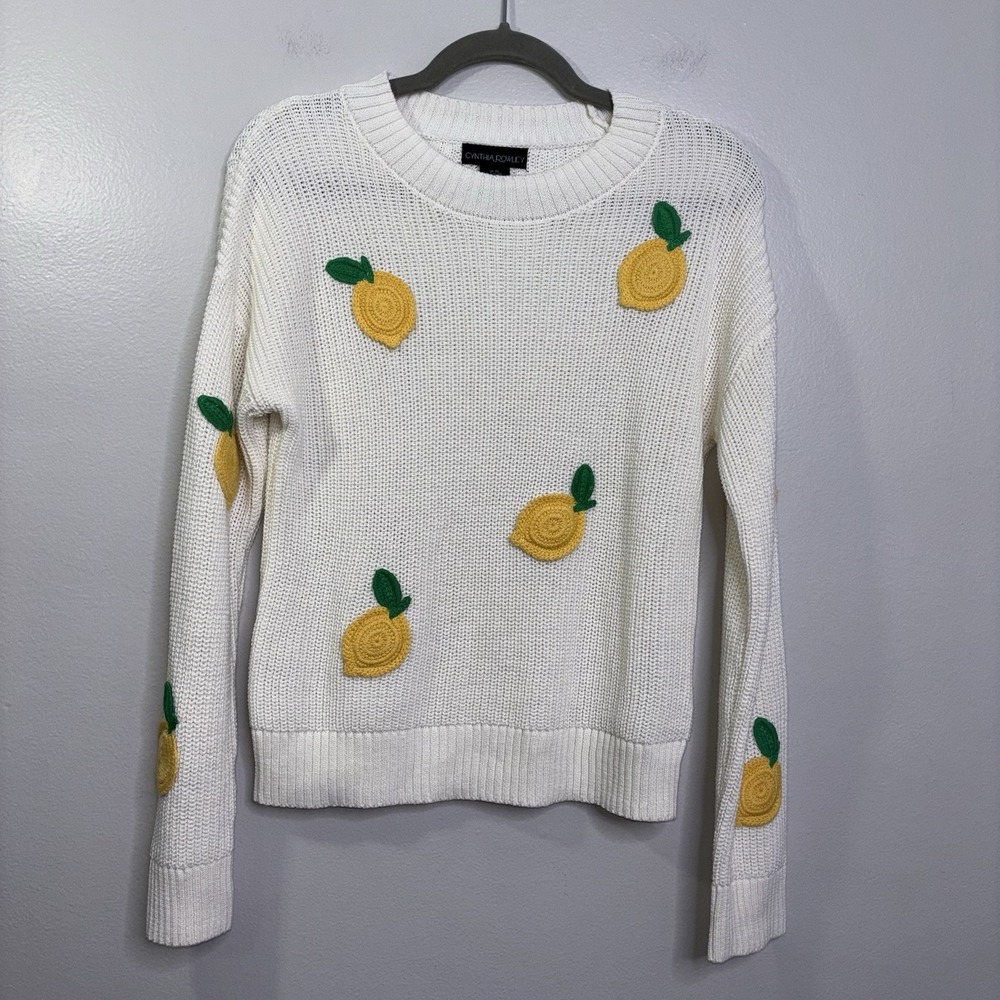 CYNTHIA‎ ROWLEY Lemon Embroidered Cream Knit Crewneck Sweater Size XS